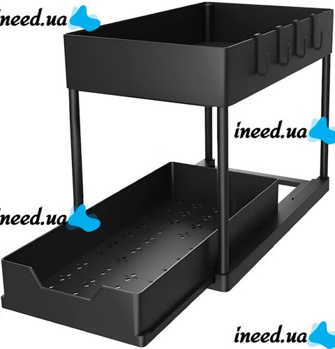 Стеллаж для хранения Kitchen Storage Rack W516 двухуровневая полка органайзер для кухонных принадлежностей с выдвижным ящиком и крючками Черный