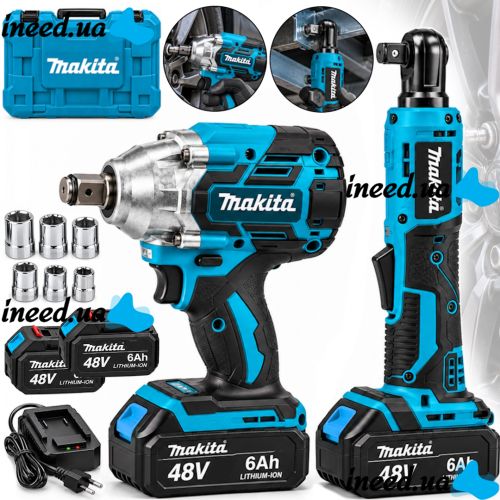 Аккумуляторный набор Makita 2 в 1 гайковерт DWT301 угловой гайковерт трещотка DWR180Z 48V 6Ah 2 аккумулятора, комплект электроинструментов в кейсе