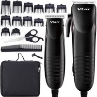 A set of two VGR V-023 2-in-1 rechargeable hair and beard clippers, a wired trimmer with a set of removable attachments in the V023 bag