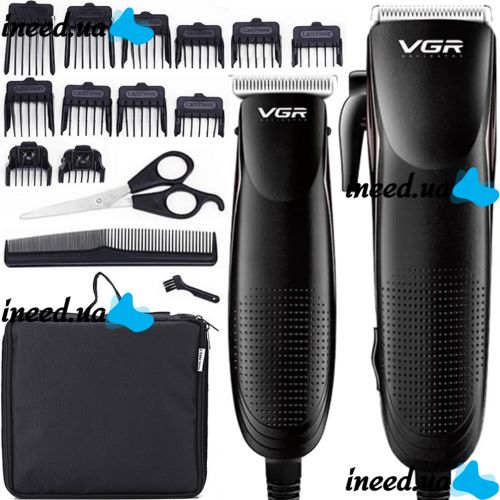 A set of two VGR V-023 2-in-1 rechargeable hair and beard clippers, a wired trimmer with a set of removable attachments in the V023 bag