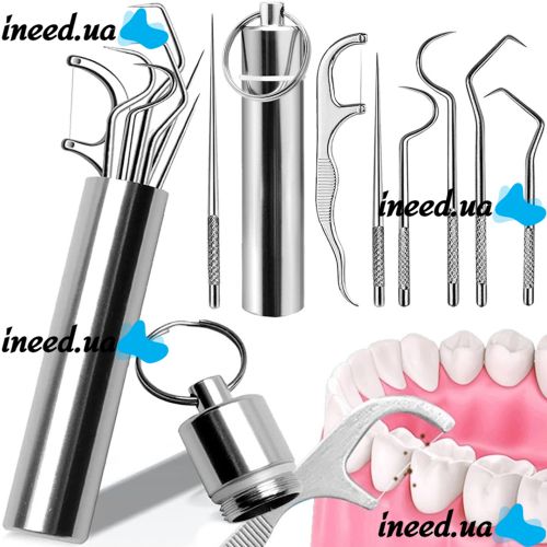 Dental Toothpick Set 7 in 1 Portable Set of Dental Cleaning Tools for Oral Care in a Metal Case