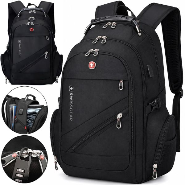 Universal Backpack SwissGear Men Bag 8810 39 L, 17" + USB + Rain Cover black Black