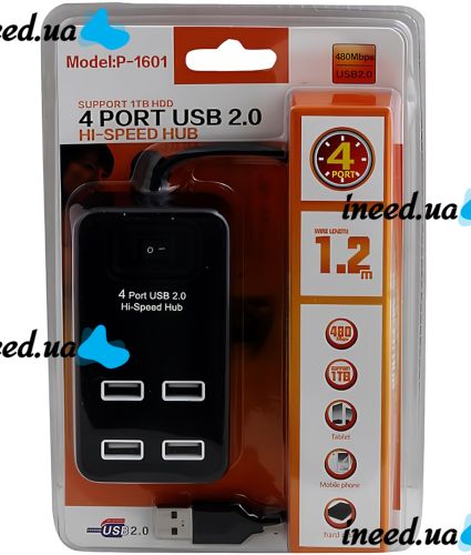 Розгалужувач Hi-Speed Hub 4 Port USB 2.0 P-1601 хаб концентратор із вимикачем на 4 юсб порти до 480 Мбіт/с для комп'ютера і ноутбука Чорний