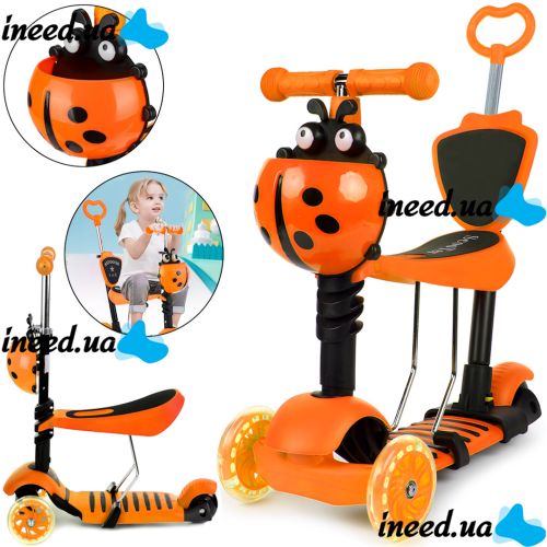 Трехколесный детский самокат беговел Scooter FYS-2864 Orange 5 в 1 со складным сиденьем, родительской ручкой и светящимися колесами Оранжевый