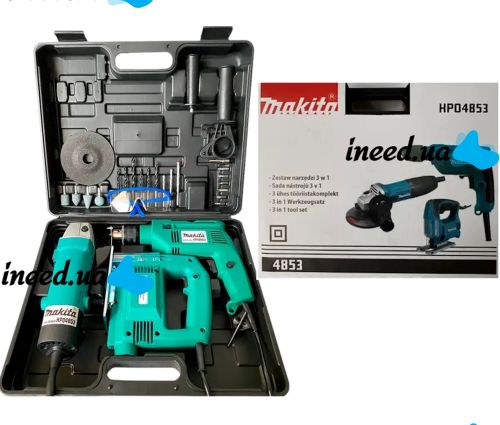 Makita 3-in-1 screwdriver universal set of power tools drill HP1630, jigsaw 9558HN, grinder 4329 with a set of tools in a case  