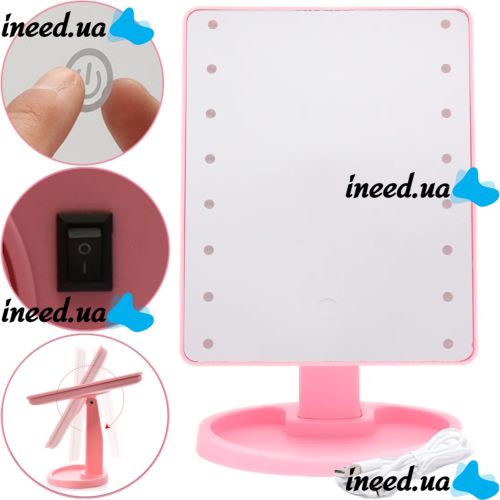 Magic MakeUp Mirror: A Cosmetic Touchscreen Makeup Mirror That Rotates 180 Degrees—a Tabletop Mirror on a Stand with 22 LED Lights, USB-Powered, Pink