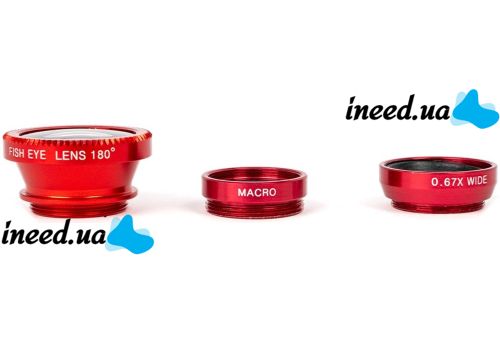 Линза с прищепкой для съемки Fish Eye Lens Y-12 3 в 1 набор объективов для фото и видео на телефон, панорамный рыбий глаз макросъемка Y12 Красный