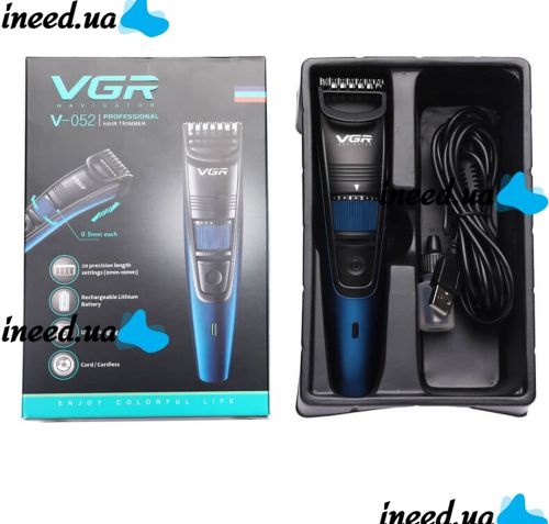 Беспроводная аккумуляторная машинка VGR V-052 Blue для стрижки волос и бороды с насадкой, Аккумуляторный триммер бритва для ухода за бородой 5W Синий