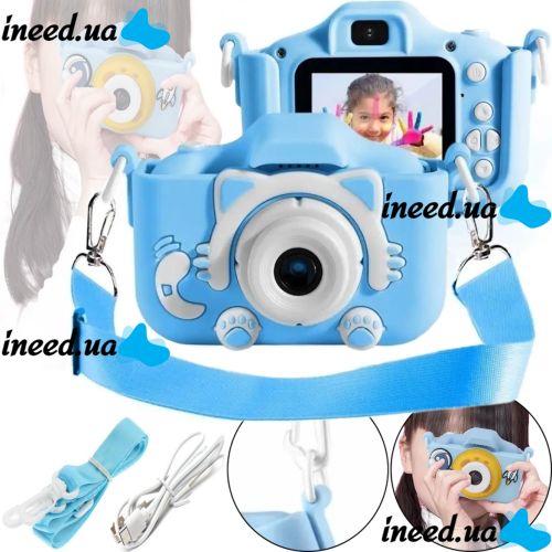 Детский цифровой фотоаппарат Smart kids Kitty XO XJ01 с селфи камерой и видео съемкой 600mAh, Камера Котик 2" с встроенными играми для детей Синий