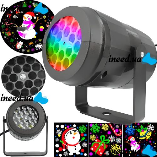 Новогодний лазерный проектор Led Projection Light 1367-3 на 16 рисунков, Настенный вращающийся проектор подсветка с кронштейном для дома Черный