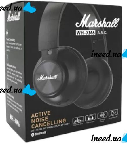 Накладные беспроводные наушники Marshall WH-XM6 с Bluetooth подключением, Полноразмерные блютуз стереонаушники Маршал с регулировкой длины Черные