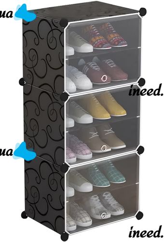 Складной шкаф органайзер для обуви Storage Cube Cabinet D1-3 42х32х95см пластиковая тумба с дверцами на 3 секции и 6 полочек для одежды Черная