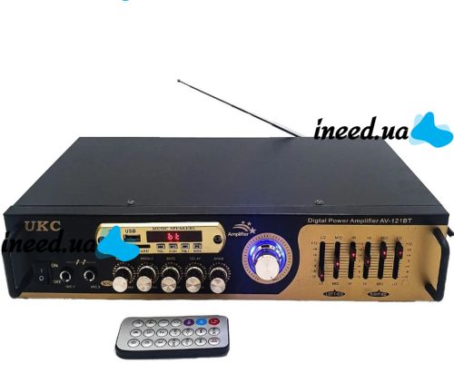 Стерео усилитель мощности звука UKC AV-121BT 200W, Пятиканальный портативный стереоусилитель с караоке на 2 микрофона, FM радио и Bluetooth USB