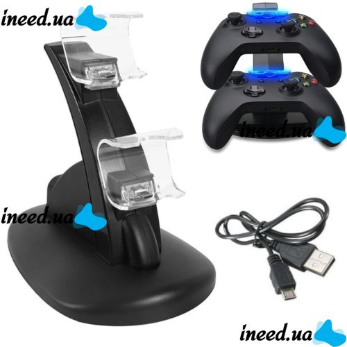 Зарядная подставка док станция для геймпадов XBOX ONE/ONE S/ONE X на 2 джойстика, Зарядное устройство для зарядки геймпадов с подсветкой Черная