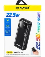 Портативное зарядное устройство Power Bank Awei PA-92 20000 мАч 22.5W внешний аккумулятор повербанк с быстрой зарядкой и дисплеем для телефона Type-C