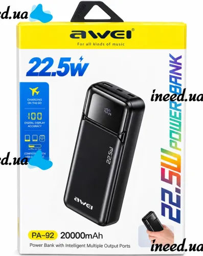 Портативное зарядное устройство Power Bank Awei PA-92 20000 мАч 22.5W внешний аккумулятор повербанк с быстрой зарядкой и дисплеем для телефона Type-C