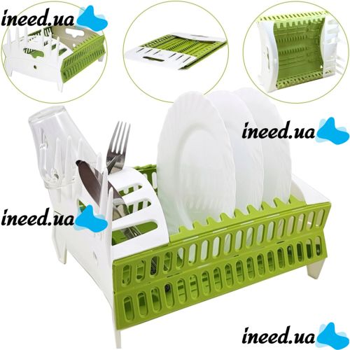 Сушилка органайзер для посуды Compact Dish Rack складная настольная сушка для вилок и ложек, пластиковая сушилка-органайзер на кухню Зеленая с белым