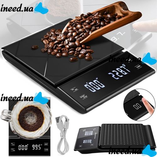 Кухонные сенсорные весы Coffee Scale EK6012 до 5 кг, аккумуляторные весы для взвешивания кофе с LED-дисплеем, таймером и плоской платформой 4058