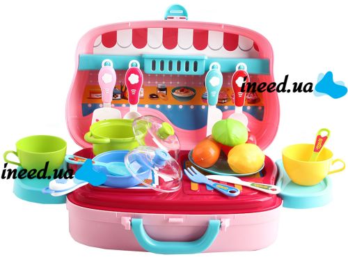 Детский игровой набор Happy Chef 678-101А игрушечная кухня в чемодане на 21 предмет, чемоданчик на колесах для игры в повара от 5 лет Розовый