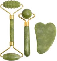 Large Jade Facial Massage Roller Set 3 in 1 Double-sided Roller Gouache Scraper, Roller, Skin Lifting Kit Hedgehog Smooth Scraper