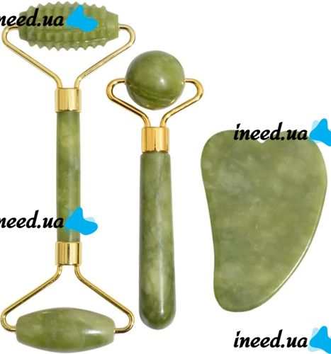 Large Jade Facial Massage Roller Set 3 in 1 Double-sided Roller Gouache Scraper, Roller, Skin Lifting Kit Hedgehog Smooth Scraper