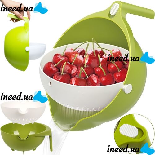 Double Colander with Bowl Mesh Strainer Drain Basket JM-615 2 in 1 Drain Bowl-Colander with Sieve, Plastic Bucket for washing fruits and vegetables Green