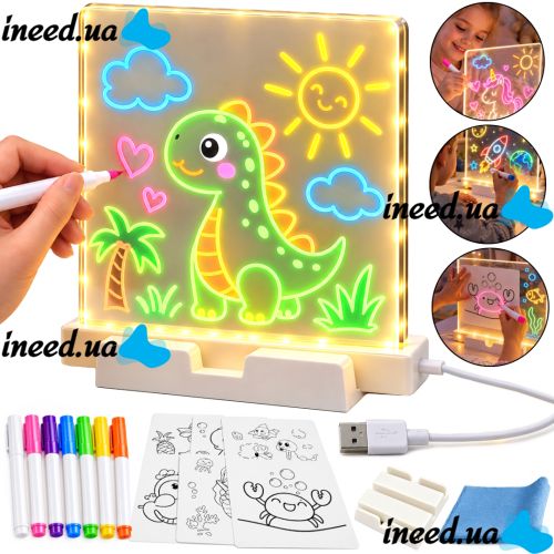 Акриловая LED доска для рисования Drawing Board T-466 светодиодный настольный ночник на подставке с подсветкой и маркерами для заметок 15х15 см USB