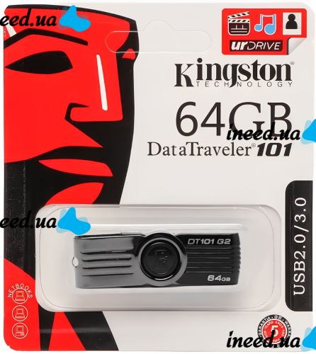 USB Flash 64GB флешка Kingston DataTraveler DT101 G2 флеш-накопитель, карта памяти, USB-накопитель для хранения документов, фото и видео 64Гб