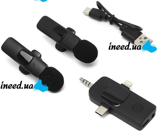 Петличный двойной микрофон Wireless Microphone K15 петличка с прищепкой на одежду 2 микрофона Type-C Lightning с шумоподавлением для блогера K-15