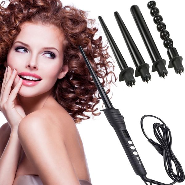 Kemei KM-4083 4-in-1 cone curling iron for curling hair, spiral styler with replaceable nozzles multi-styler with ceramic coating curling iron