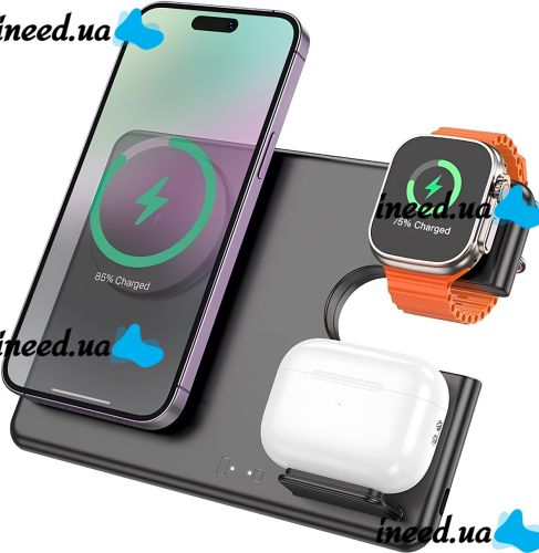 Беспроводное зарядное устройство Hoco Qi Geek Folding Black 3 в 1 магнитная зарядка магсейф для телефона и наушников IOS Android Type-C CQ1 Черная