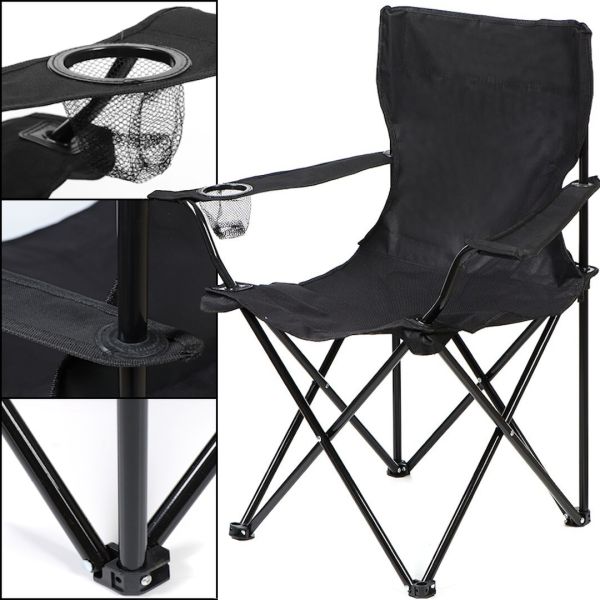 Folding universal Spider Black chair up to 150 kg in a case, a tourist armchair with a backrest, armrests and a cup holder for fishing and camping