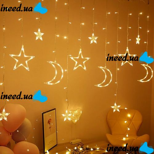 Внутренняя гирлянда штора Луна Звезды Star Moon Style теплый белый 2.5Х1 м 138 LED диодов WW, светодиодная гирлянда-занавес на окно 2.5мх1м 220V