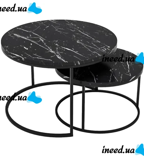 Комплект журнальных столиков Kontrast SK102 2 в 1 50 / 70 см круглый двойной кофейный стол трансформер Лофт с металлическим каркасом Черный мрамор