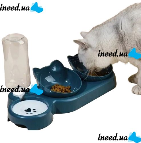 Тройная кормушка для воды с кормом Cat Bowl with Water Dispenser с автоматической поилкой 500мл для собак и кошек, Поилка с двумя мисками для корма