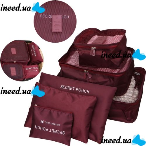 Набор дорожных сумок органайзеров Secret Pouch 6 штук Бордовые, чехлы мешки для хранения одежды в чемодане, водонепроницаемые для путешествий laundry