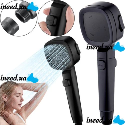 Квадратная насадка высокого давления Water Shower Head RD-3042 4 режима с кнопкой включения для душа, лейка с переключателем и фильтром Черная