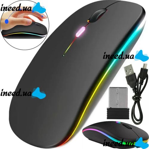 Бездротова комп'ютерна мишка Zornwee AP100 Bluetooth з RGB підсвічуванням на акумуляторі, ігрова акумуляторна миша BauTech з 2.4 GHZ для комп'ютера Чорна