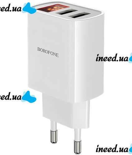 Сетевое зарядное устройство Borofone BA58A Mighty 2 USB 2.4A 12W адаптер питания на 2 порта с LED дисплеем, блок для зарядки телефона 12В Белый
