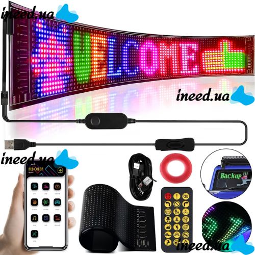 Гибкий экран LED Matrix Panel JTPD-03-011 12х59.5 см светодиодная рекламная RGB лента в авто, бегущая строка с пультом и от телефона Bluetooth WiFi