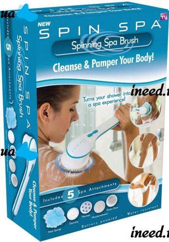 Spin Spa 5-in-1 massage brush for washing and cleansing the face and body, electric massager for shower, bathtub, massager brush with replaceable nozzles White