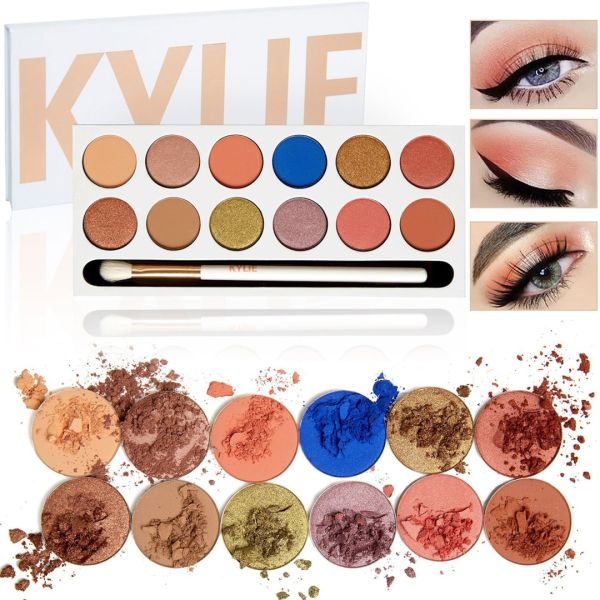 Палетка тіней для повік Kylie Royal Peach Palette 12 кольорів Декоративні сухі матові, сатинові і металеві тіні для очей з пензликом Кайлі