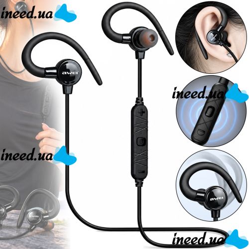Бездротові спортивні bluetooth навушники Awei A620bl Black, чорні з кріпленням на вухо
