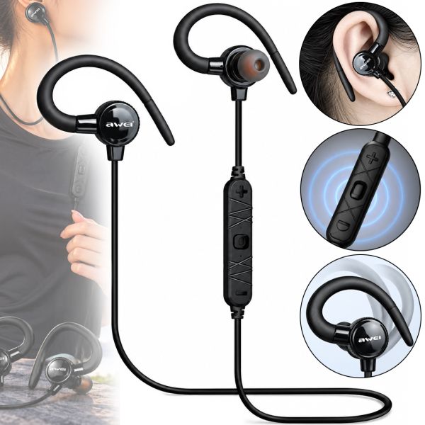 Awei A620BL Wireless Sports Bluetooth Headphones Black, Black with Ear Mount