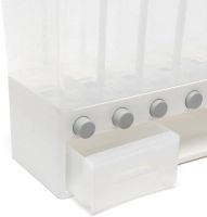 A container for storing cereals in 6 compartments, a wall-mounted dispenser organizer for bulk products with a dispenser and a serving tray for the kitchen