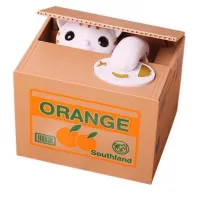 Детская интерактивная копилка Хитрый котик Mischief Saving Box на батарейках Копилка-сейф для денег кот воришка в коробке забирает монетку лапой