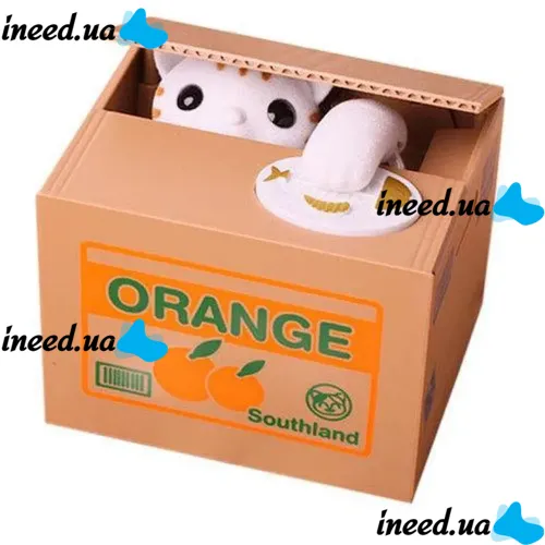 Детская интерактивная копилка Хитрый котик Mischief Saving Box на батарейках Копилка-сейф для денег кот воришка в коробке забирает монетку лапой