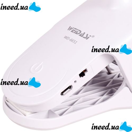 Настольная аккумуляторная LED лампа WD-6651 на прищепке, Светодиодная USB лампа фонарь на гибкой ножке с зажимом прищепкой на аккумуляторе Белая