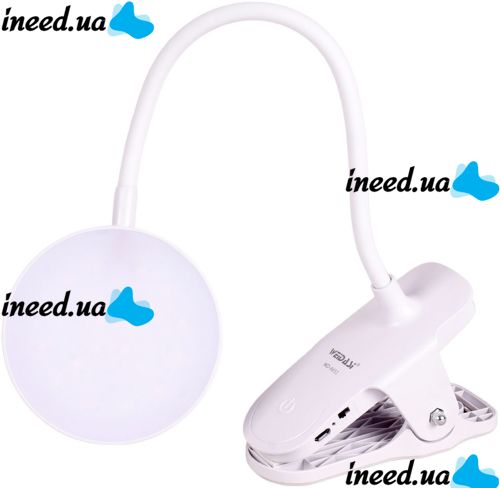 Настольная аккумуляторная LED лампа WD-6651 на прищепке, Светодиодная USB лампа фонарь на гибкой ножке с зажимом прищепкой на аккумуляторе Белая