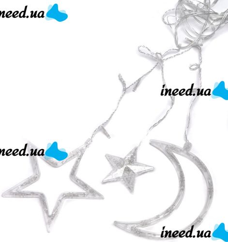 Внутренняя гирлянда штора Луна Звезды Star Moon Style теплый белый 2.5Х1 м 138 LED диодов WW, светодиодная гирлянда-занавес на окно 2.5мх1м 220V